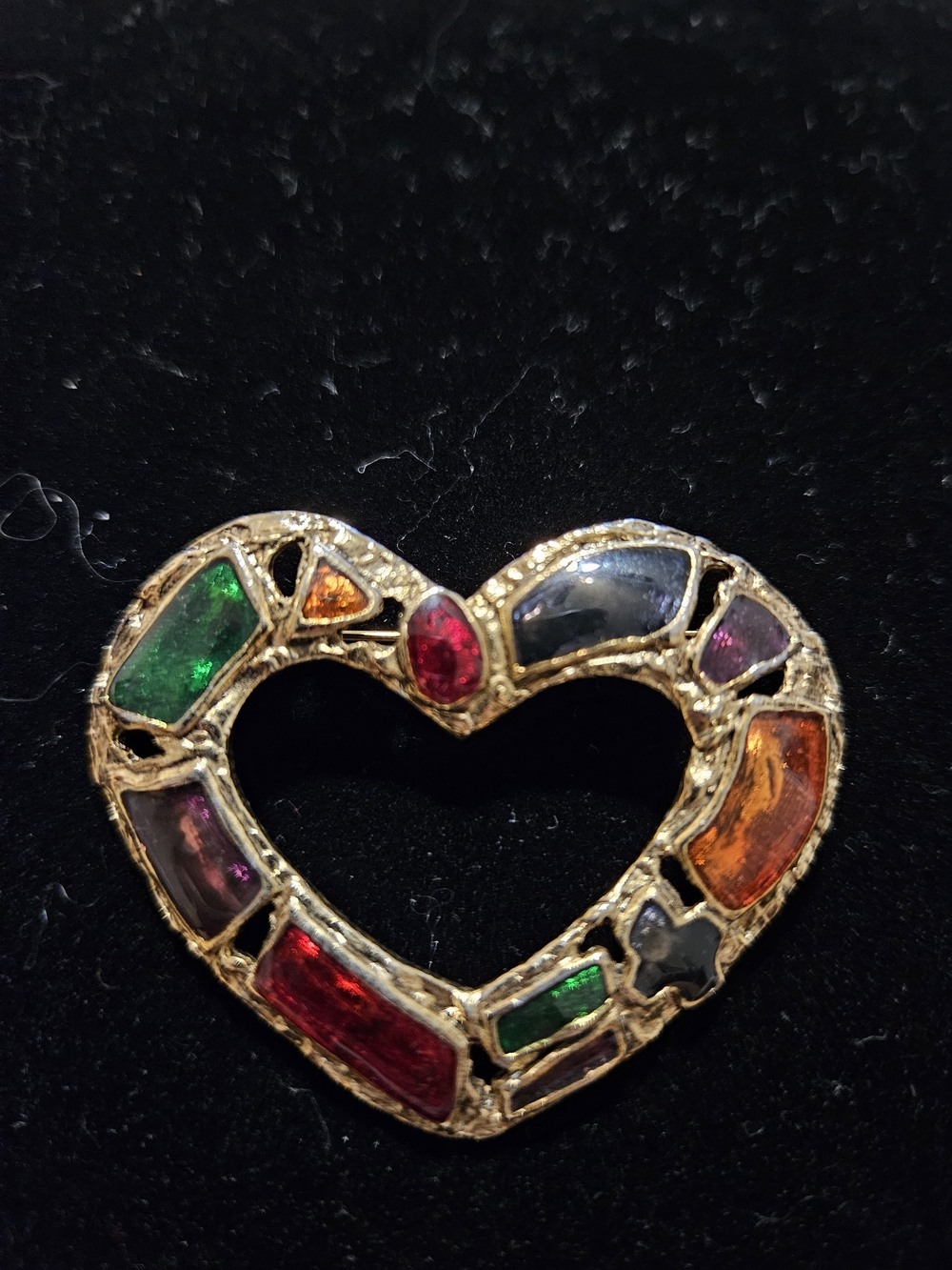 Vintage Gold-Tone Heart Brooch with Multicolor Enamel